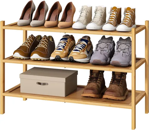 Vista 23 de kiplant Zapatero de bambú negro de 2 niveles, zapatero apilable de madera de bambú para armario, entrada y pasillo