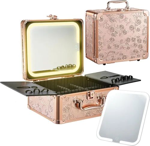 Vista 8 de Faquenc Estuche de maquillaje con espejo iluminado magnético, caja organizadora de maquillaje, estuche de cosméticos de viaje con espejo LED de 3