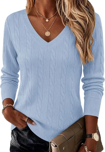 Vista 10 de Ekouaer Suéter de punto trenzado con cuello en V para mujer, manga larga Negro