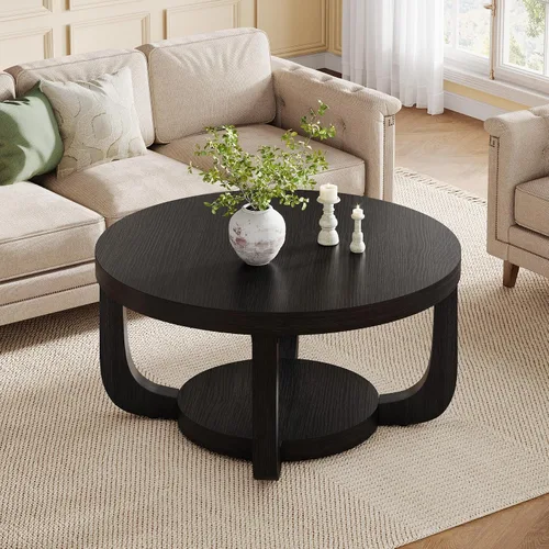 Vista 3 de Tribesigns - Mesa de café redonda, mesa de café circular de 2 niveles con almacenamiento, mesa auxiliar moderna de acento de madera para sala