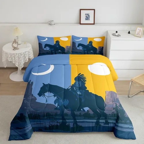 Vista 15 de Juego de edredón de vaquero individual, ropa de cama occidental para niños y hombres, ilustración dibujada a mano de caballo americano salvaje