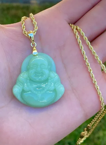 Vista 5 de Collar con colgante de jade verde de Buda sonriente y ríe con cadena de cuerda de jade auténtico certificado de grado A hecho a mano, collar de Buda