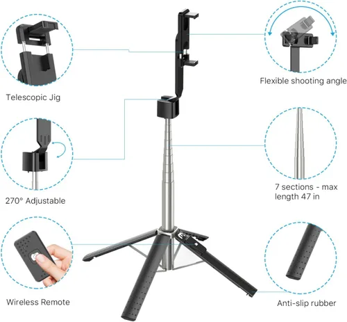 Vista 4 de MYBAT PRO - Trípode para selfie stick con control remoto, 4 en 1, extensible portátil, Bluetooth Selfie Stick y soporte de trípode para teléfono