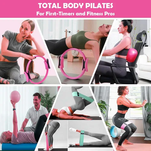 Vista 7 de Juego de anillos de pilates profesional con más de 16 piezas, círculo mágico antidoblez de 14 pulgadas, bandas de resistencia, pelota de yoga, guía