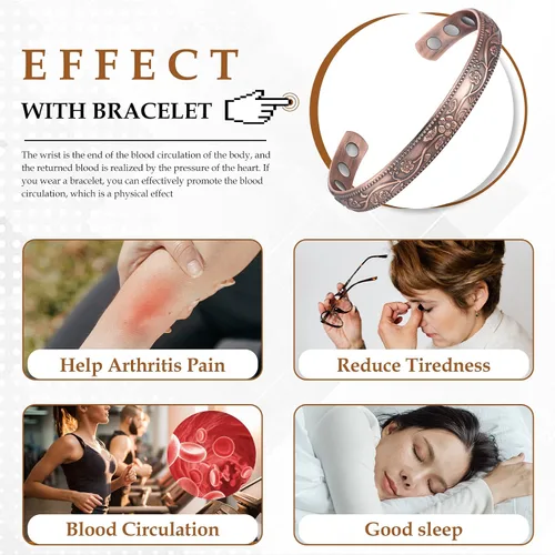 Vista 4 de Jecanori Pulsera de cobre puro y anillo de cobre para mujeres y hombres, pulsera de flores vintage, regalos del día de San Valentín, Metal, Sin