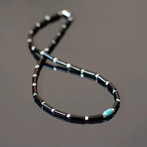 Vista 3 de Mens Short Necklace with Natural Gemstone Black Onyx and Howlite Beads Men’s Choker