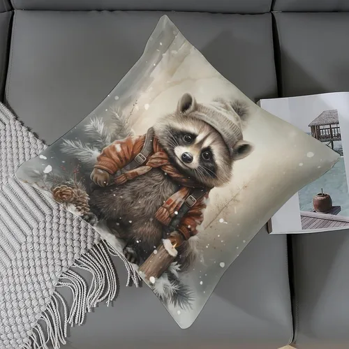 Vista 6 de Almohadas grandes para sofá de 16 x 16 pulgadas, diseño de mapache de dibujos animados, Navidad, nieve, invierno, cuadradas, de satén, funda
