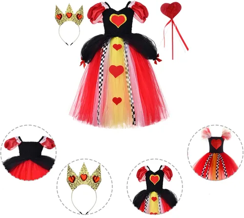 Vista 4 de Disfraz de reina de corazón,Disfraz de reina de corazón para niños,Conjunto de vestido rojo para niña