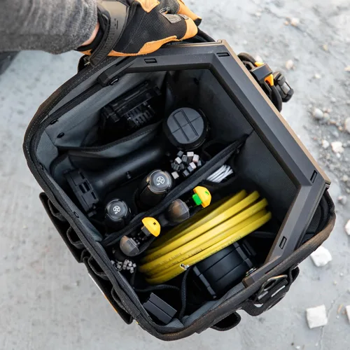 Vista 7 de ToughBuilt Serie ClipTech – Bolsa de herramientas de boca masiva de 12 pulgadas, bolsa de cuerpo duro de apertura amplia con 25 bolsillos, barra