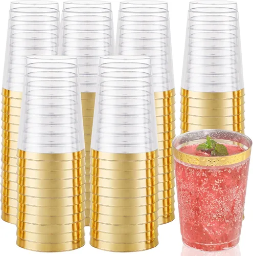 Vista 10 de I00000 Paquete de 100 unidades de vasos de plástico dorado de 12 onzas, vasos desechables con borde dorado, vasos de vino desechables y copas