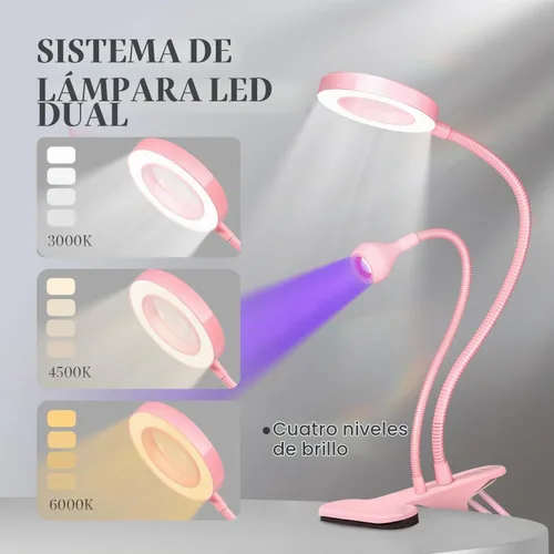 Vista 4 de krofaue Lámpara de uñas UV con lupa 6X, 4 brillo, modo de luz dual Lámpara UV para uñas con lupa 6X