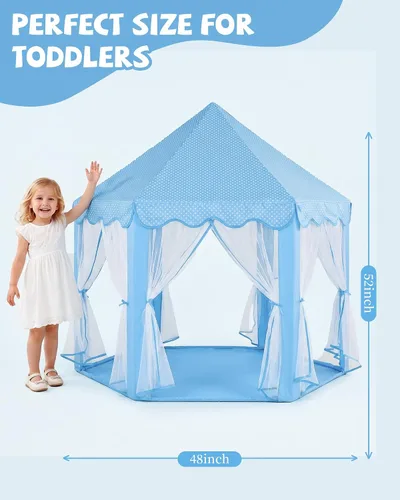 Vista 3 de Sumbababy - Tienda de campaña de castillo de princesa para niñas, de juego, hexagonal, azul, con luces de estrella de hadas, juguetes para niños
