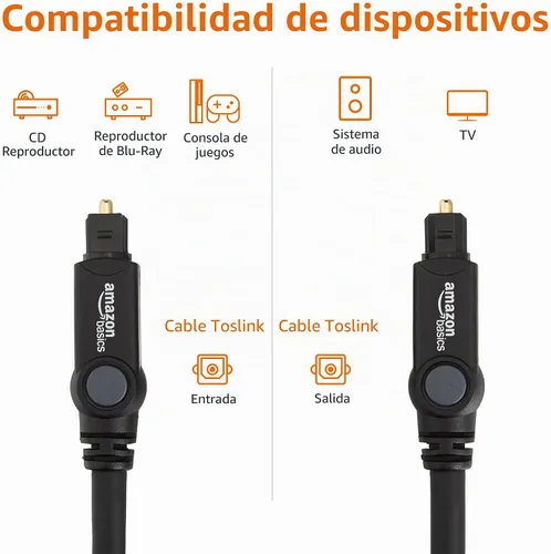 Vista 3 de Amazon Basics Toslink - Cable de audio óptico digital, multicanal, para sistema de audio, barra de sonido, cine en casa, conectores chapados en oro