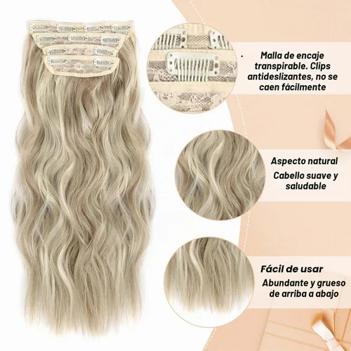 Vista 3 de 4 piezas de extensiones de cabello rizado con clip, color dorado oscuro, mezcla de rubio beige, sintético de 20 pulgadas de largo, extensiones