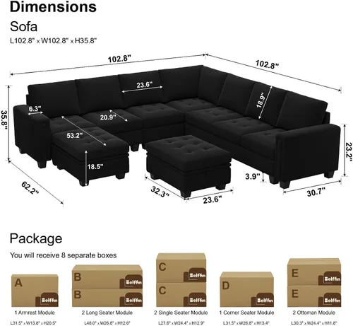 Vista 2 de Belffin Juego de sofá modular de terciopelo de gran tamaño de 8 asientos con almacenamiento otomano en forma de U, sofá modular convertible