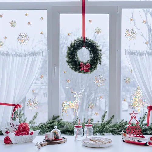 Vista 4 de 50 calcomanías para ventanas de árboles de Navidad, copos de nieve, renos, anticolisión, para salvar a los pájaros de colisiones, calcomanías
