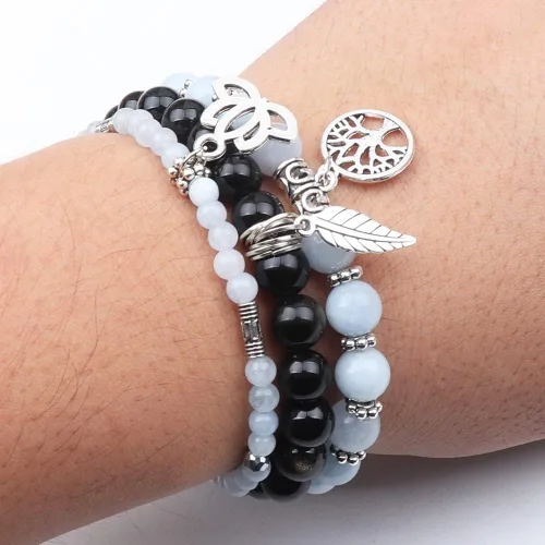 Vista 5 de UEUC - Pulseras Reiki, apilables, de piedras curativas, cristales, con dije del árbol de la vida, yoga y hoja de loto, contra la ansiedad