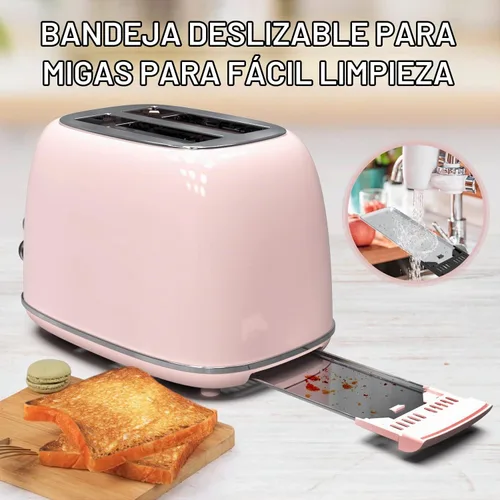 Vista 6 de Tostadora de 2 rebanadas, tostadora retro de acero inoxidable con 6 ajustes, ranuras extra anchas de 1.5 pulgadas, función de Rosa bebé