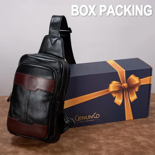 Vista 6 de Bolso bandolera de cuero genuino para hombres y mujeres, bolso cruzado para el hombro, mochila lateral, bolso de pecho, bolso cruzado casual