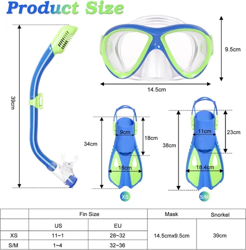 Vista 2 de Snorkeling Gear for Kids Ages 5-15, 4 in 1 Mask Fins Snorkel Set with HD Tempered Glass Panoramic View Anti-Fog Mask, Dry Top Snorkel, Adjustable