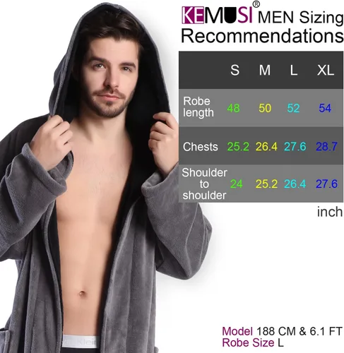 Vista 3 de KEMUSI Bata de baño de longitud completa suave con capucha para hombre, cómodo camisón cálido de longitud completa