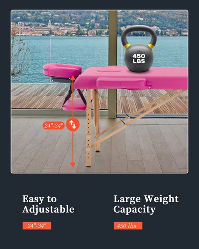 Vista 3 de Mesa de masaje para salón, cama, spa, cama de masaje, mesa de masaje de 2 pliegues, 73 pulgadas de largo, 34 pulgadas, altura ajustable, ancho
