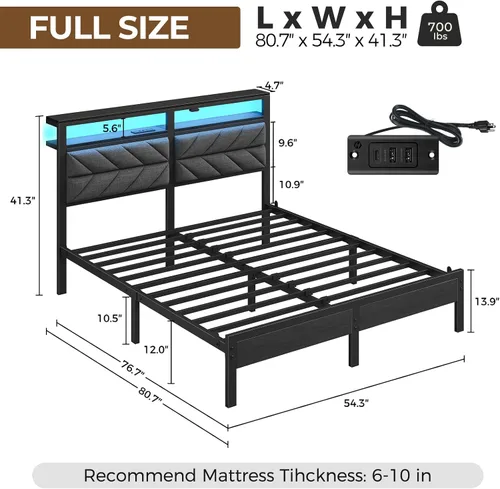 Vista 2 de Seventable Base de cama de tamaño matrimonial con estación de carga y luces LED, cabecera tapizada con estantes de almacenamiento, plataforma