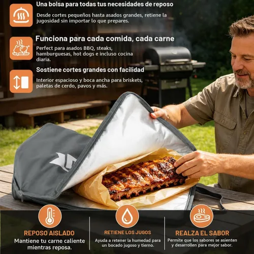 Vista 3 de Manta de barbacoa mejorada para descansar carne, accesorios para ahumar, bolsa de descanso de carne aislada con boca ancha