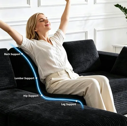 Vista 5 de Sofá modular de pana de 106 pulgadas, sofá en forma de L deshuesado con asiento profundo, sofá de espuma de nube con diván de gran tamaño, sofá Negro