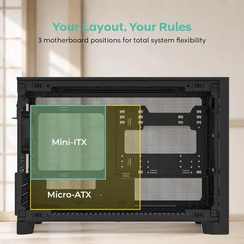 Vista 12 de MONTECH Funda para PC Micro ATX de 22.7 L, chasis modular de malla de alto flujo de aire para construcciones de aire, líquidos o SFF, soporte de TEN