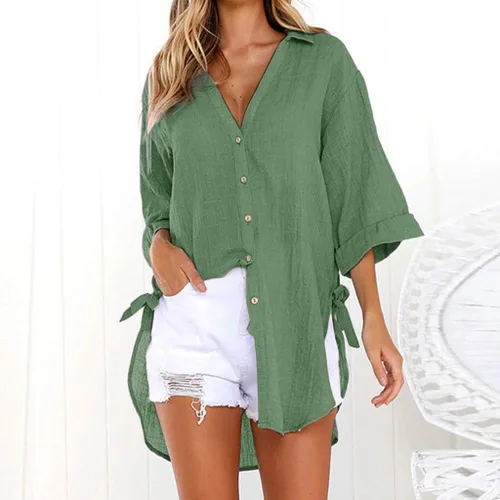 Vista 77 de Camisas de manga larga con botones para mujer, asimétricas, casuales, con cordones, túnica de gran