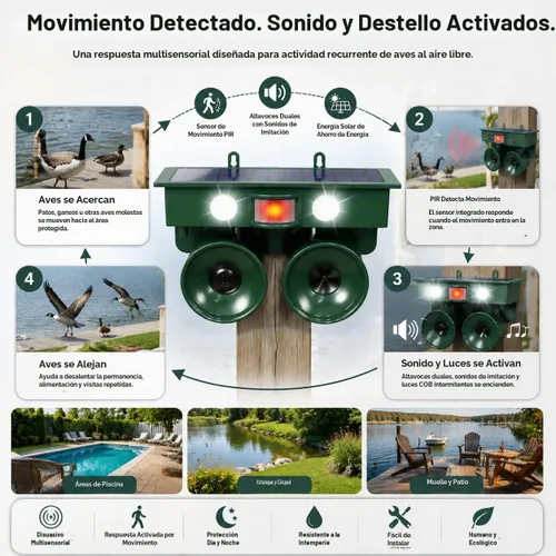 Vista 5 de Dispositivos repelentes de pájaros ultrasónicos solares 2026 para exteriores con altavoces duales, disuasorio de palomas para balcón, patio