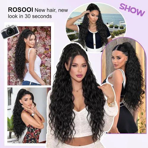 Vista 8 de Extensión de cola de caballo con cordón, extensión de cola de caballo larga y rizada para mujeres negras, extensiones de cabello negro de 26