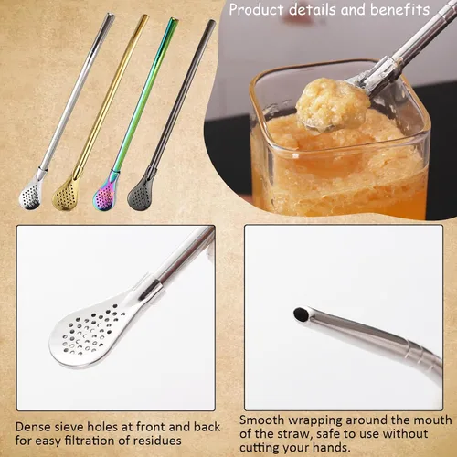 Vista 2 de 2 filtros de cuchara de acero inoxidable con 2 cepillos de limpieza, cuchara de té reutilizable para té suelto, paja de yerba mate, pajitas