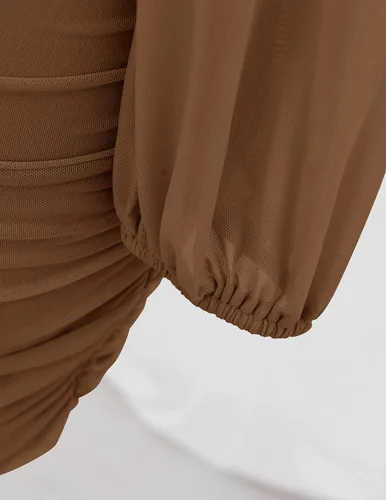 Vista 5 de ZESICA Women's Sexy V Neck Ruched Bodycon Mini Dress Puff Long Sleeve Cocktail Wedding Party Short Dresses