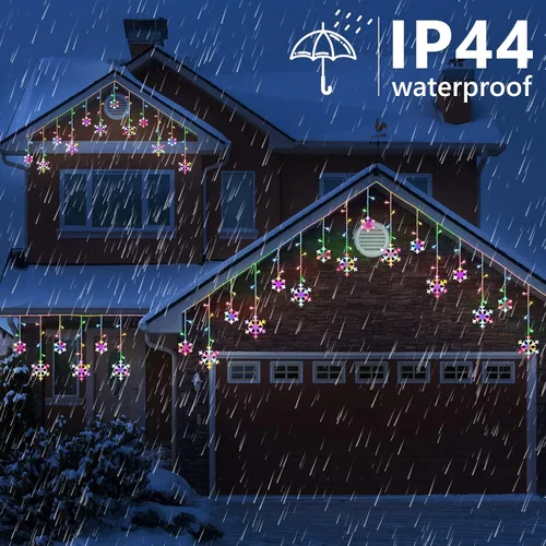 Vista 3 de Luces de copo de nieve de Navidad para exteriores, 17.22 pies, 264 luces LED de carámbano de copo de nieve con 22 gotas, 8 modos conectables