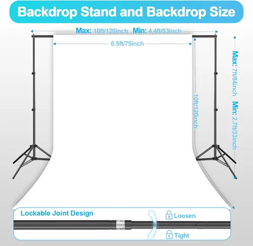 Vista 6 de EMART Sistema de soporte de fondo de 7 x 10 pies, kit de iluminación profesional para fotografía, fondo blanco y negro de 6.5 x 10 pies, sistema