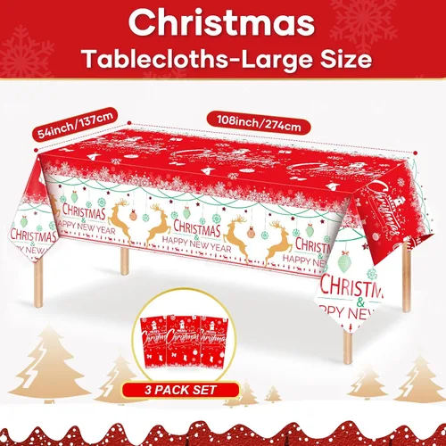 Vista 9 de Paquete de 3 manteles navideños desechables de plástico, manteles de mesa navideños rectangulares rojos para fiestas, con estampado de árbol