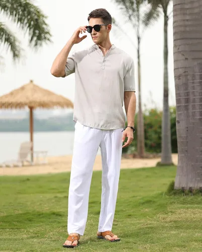 Vista 4 de EndoraDore Pantalones de lino de algodón para hombre, pantalones deportivos ajustados, pantalones elásticos para entrenamiento atlético, pantalones