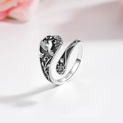 Vista 2 de Spoon Ring Sterling Silver Hummingbird Ring Vintage Antique Spoon Rings Adjustable Thumb Rings for Women