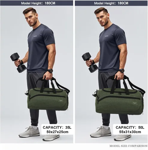 Vista 3 de FIORETTO Bolsa de deporte para hombre con bolsillo húmedo y compartimento para zapatos, ideal para viajes, gimnasio, deportes, natación, A-Verde