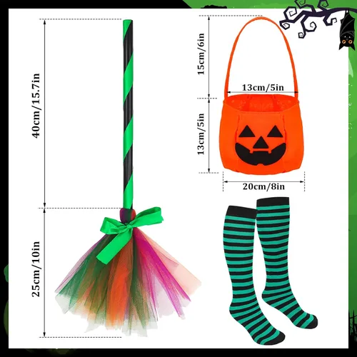 Vista 3 de Hercicy Juego de 5 piezas de disfraz de bruja de Halloween, calcetines a rayas para festival, bolsa de truco o trato de calabaza para niños y niñas