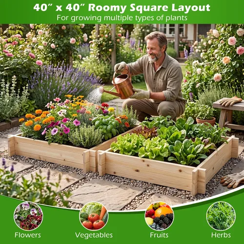 Vista 2 de GIANTEX Cama de jardín elevada de madera, 40 x 40 pulgadas, maceta cuadrada de madera de abeto con base abierta para verduras, flores, hierbas