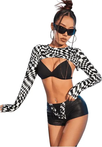 Vista 5 de SHENHE Camiseta corta con estampado gráfico de tablero de ajedrez para mujer, cuello redondo, manga larga