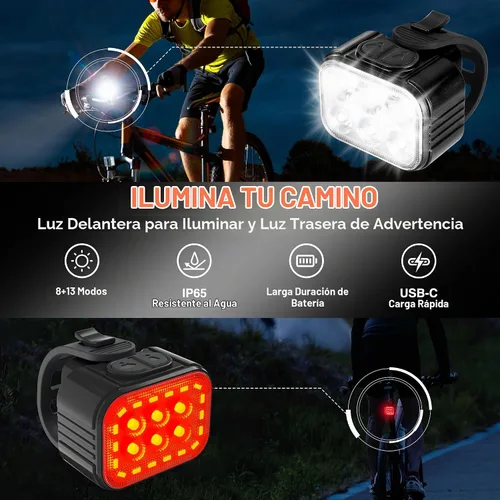 Vista 5 de WORKPRO Juego de 4 luces de bicicleta [8+13 modos], combo de faros delanteros y traseros de bicicleta recargable, ultra brillante, juego de luces