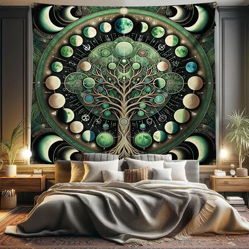 Vista 93 de Ambesonne Tapiz verde, fases lunares alrededor de un árbol de la vida, impresión de diseño bohemio de astrología nocturna, decoración de tela