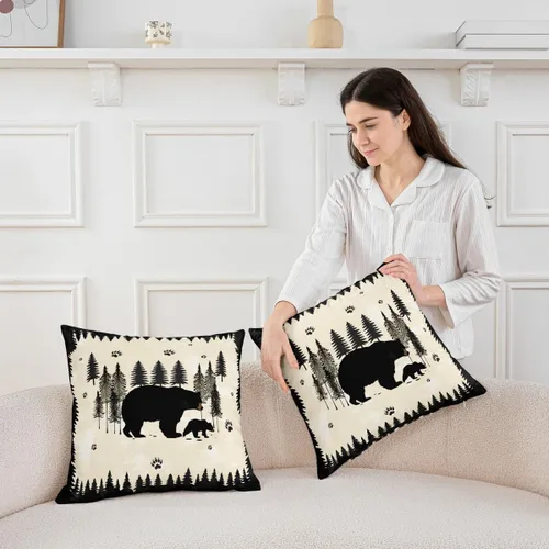Vista 3 de Cartoon Bear Pillow Cover Cute Wild Animal Paw Print Cushion Cover for Kids Boys Girls Teens Jungle Pine Trees Silhouette Cabin Pillow Case for