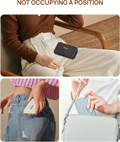 Vista 6 de Telena Cartera delgada para mujer, con bloqueo RFID, tarjetero de cuero con llavero plateado, color beige