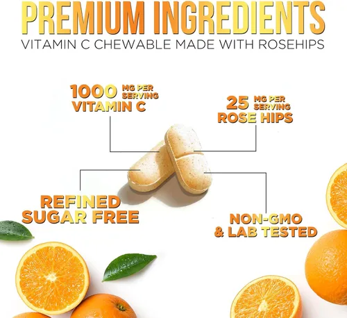 Vista 3 de Vitamina C 1000 mg por porción – Apoyo inmunológico diario extra fuerte con suplemento masticable de escaramujos – Sabor sabroso sin azúcar