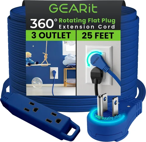 Vista 29 de GEARit Cable de extensión de enchufe plano giratorio de 360° de 3 pies, cable de alimentación de perfil bajo de 3 salidas, ahorro de espacio